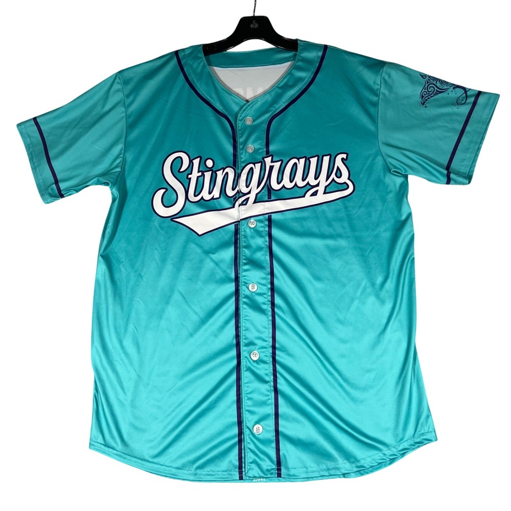 Stingrays Baseball Jersey Teal Simmons 04 Button Front Mens Large Graphic Sleeve